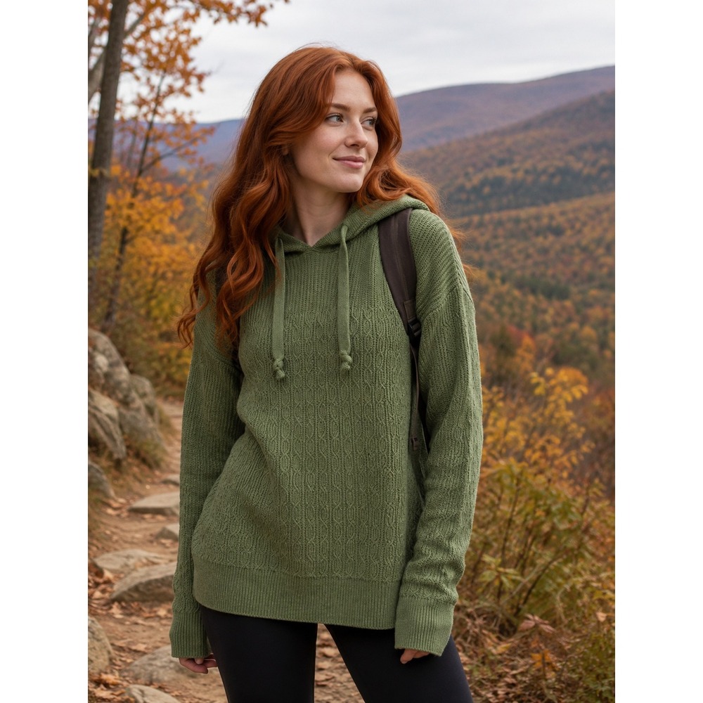 Aspen Cable Knit Hoodie Women Size M Green Long Sleeve Pullover Sweater